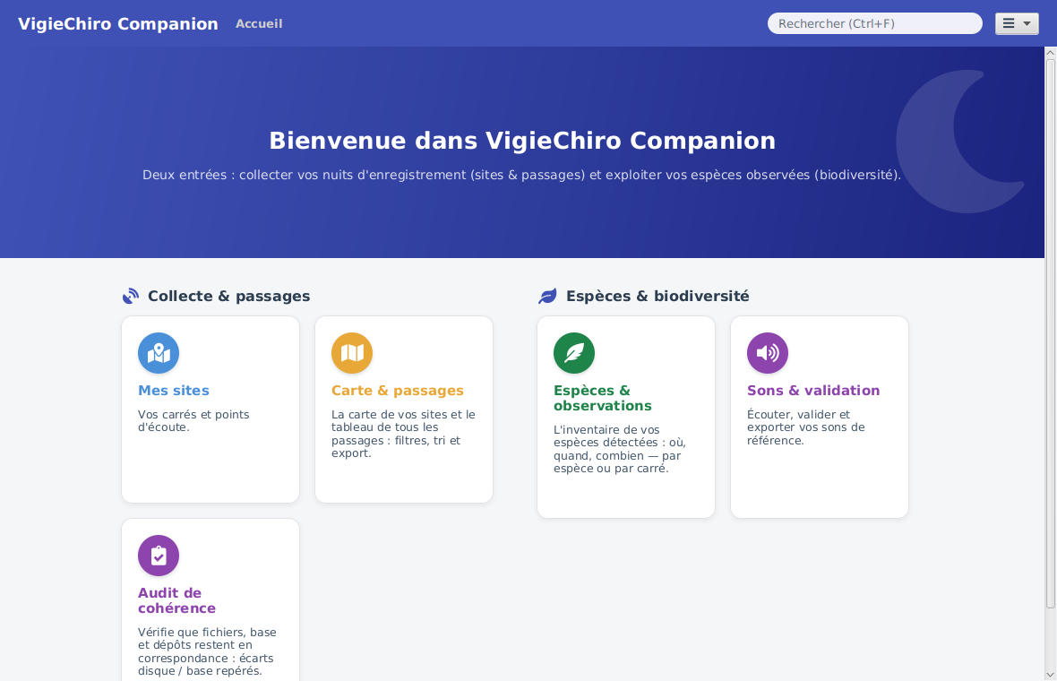 Écran d'accueil de VigieChiro Companion : un tableau de bord et des cartes d'activités menant aux sites, à l'importation, à l'écoute et à la carte.